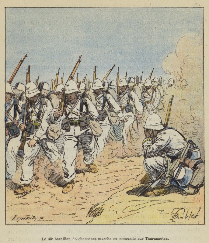 O 40º Batalhão de Chasseurs marcha em Escouade em Tsarasaotra de after Louis Charles Bombled