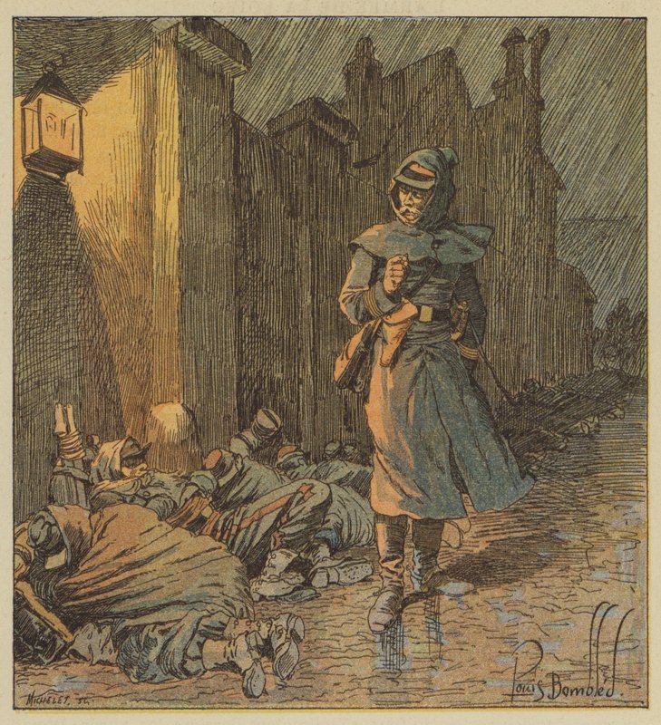 Coronel de Bourgoing caminha pelas ruas de Cerdon ou dorme seus soldados na chuva de after Louis Charles Bombled