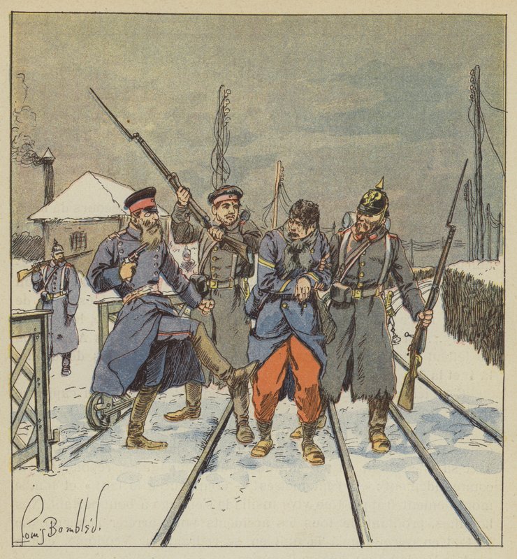 Fourrier Papot, ferido e levado prisioneiro, é vergonhosamente espancado por um oficial prussiano de after Louis Charles Bombled
