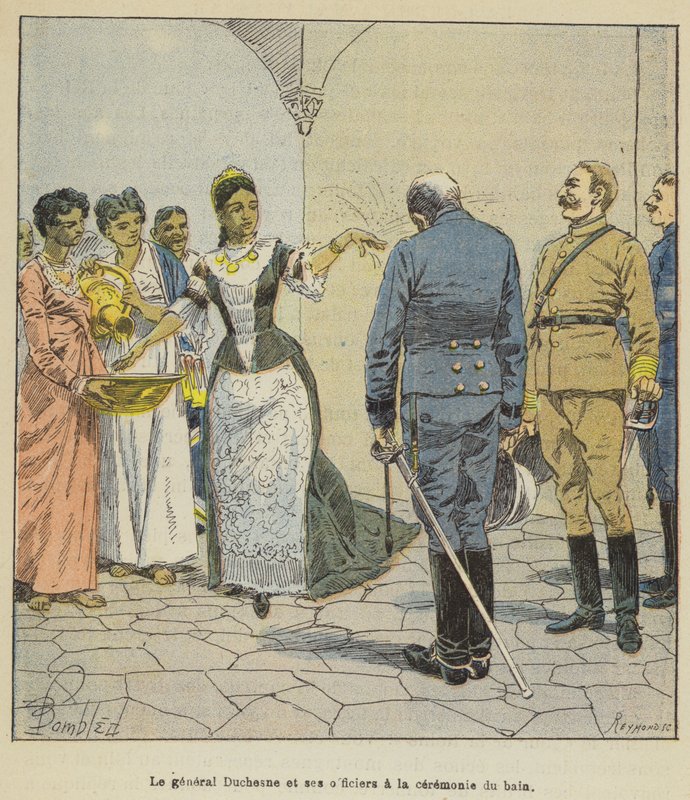 General Duchesne e seus oficiais na cerimônia de banho de after Louis Charles Bombled
