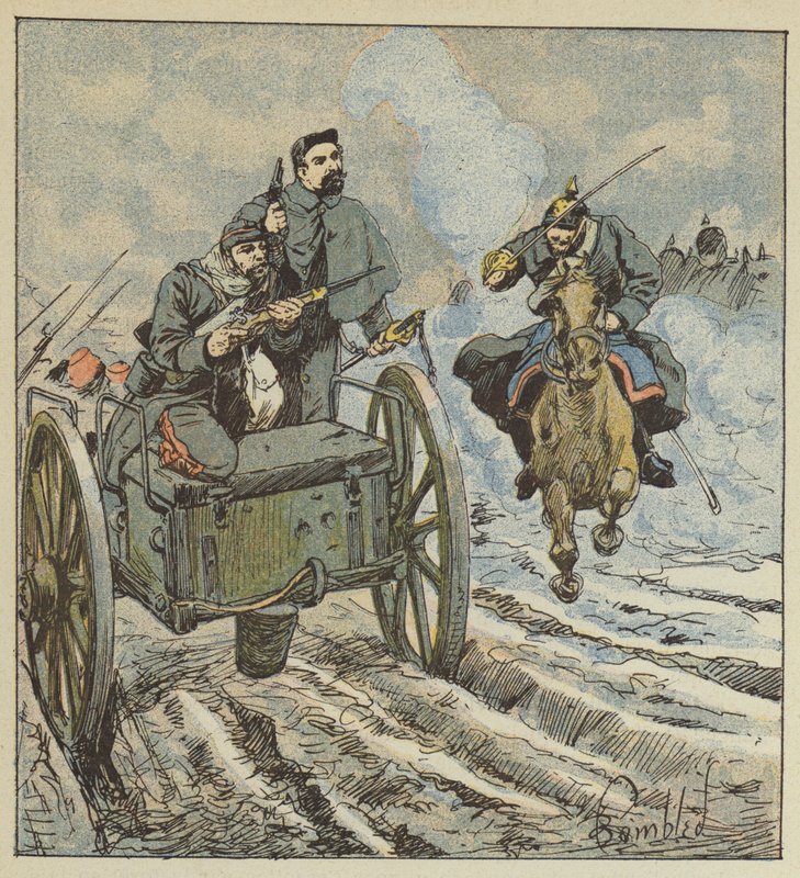 O marechal Dufresne se defende com tiros de revólver contra cavaleiros prussianos de after Louis Charles Bombled