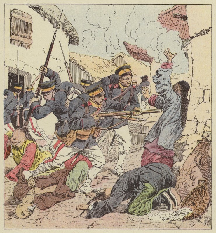 Os japoneses massacrando os chineses de Port Arthur de after Louis Charles Bombled