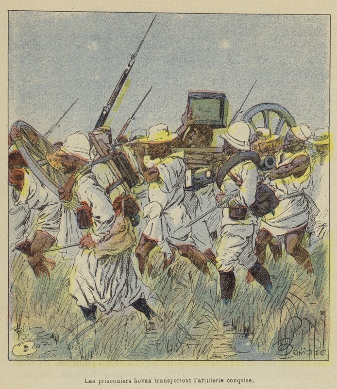 Prisioneiros de Hovas carregam artilharia conquistada de after Louis Charles Bombled