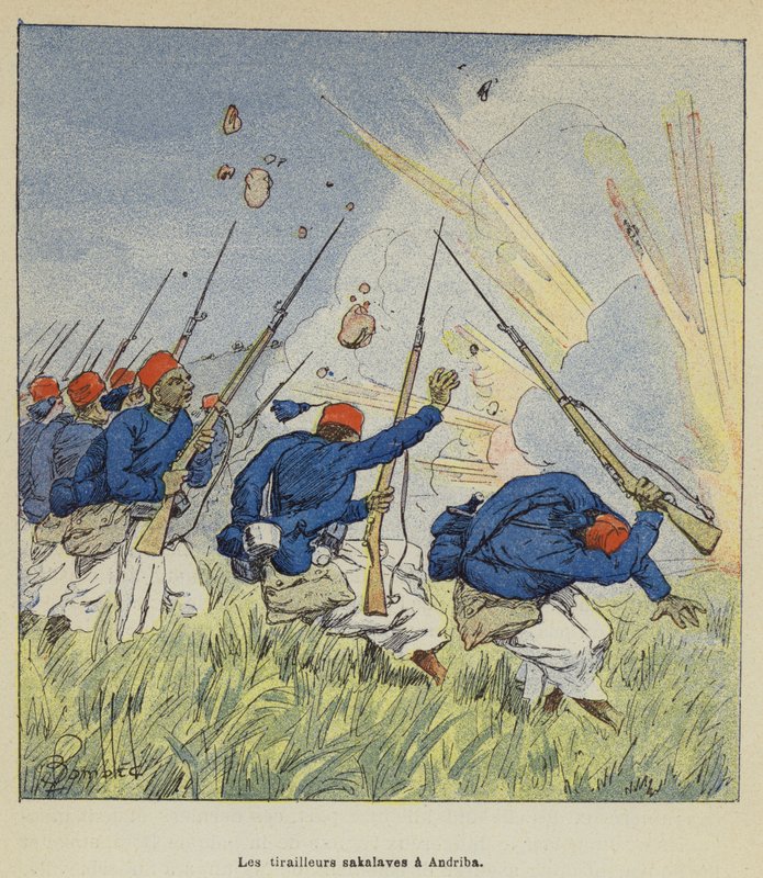 Les tirailleurs sakalaves à Andriba de after Louis Charles Bombled