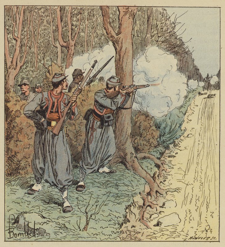 Os Papais Zouaves se retiram na floresta de Orleans, mantendo em default os bávaros de after Louis Charles Bombled