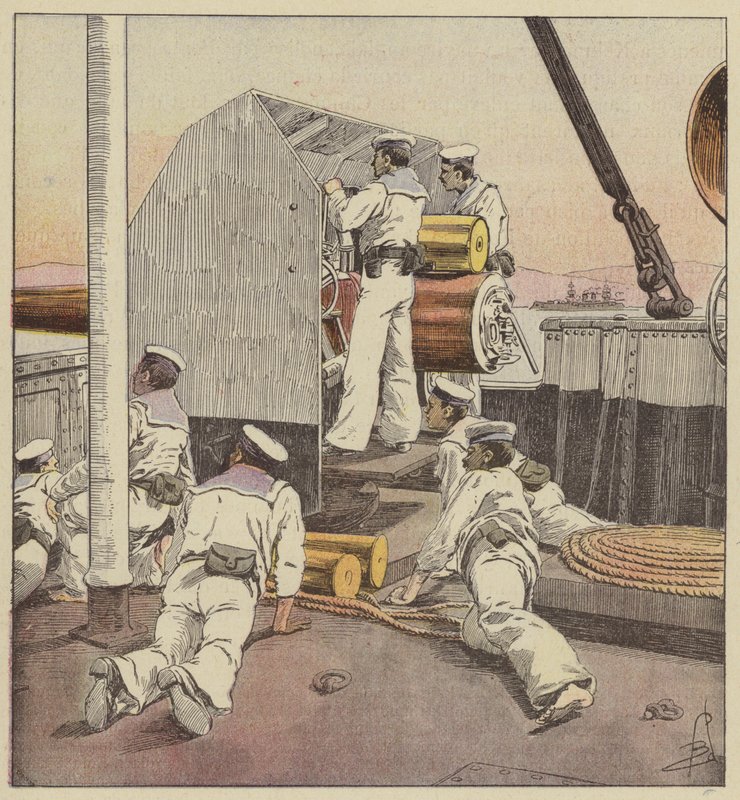 Marinheiros japoneses disparando frota chinesa em Yalou de after Louis Charles Bombled