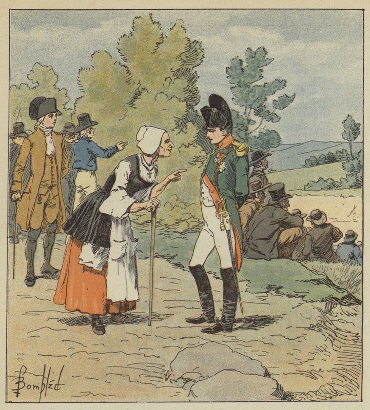 Napoleão fala com uma velha de Tarare de after Louis Charles Bombled
