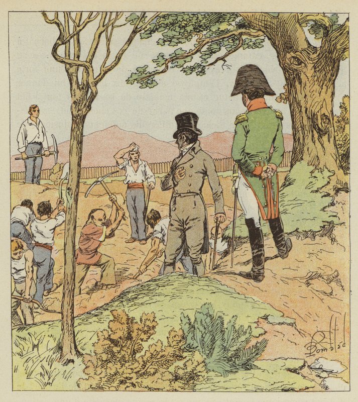 Napoleão examina as fortificações que o governador cria em torno de Longwood de after Louis Charles Bombled