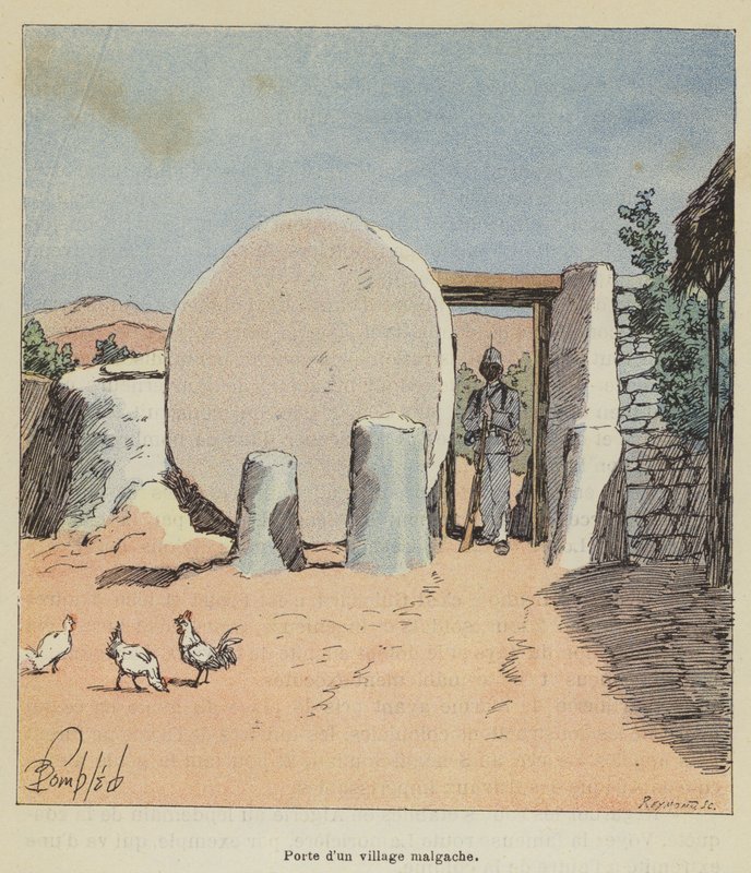 Porta de uma aldeia malgaxe de after Louis Charles Bombled