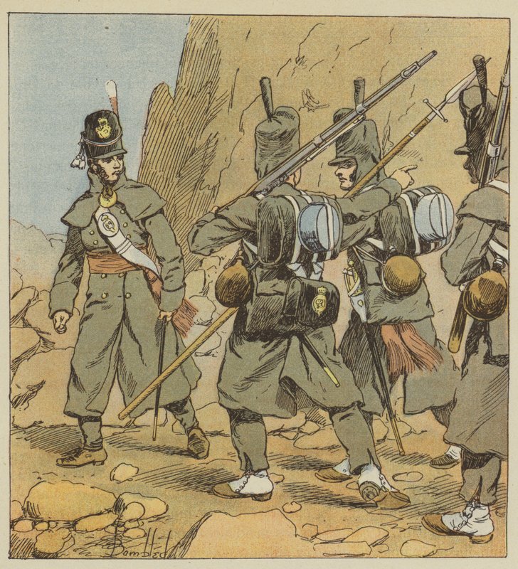 Soldados ingleses do 1o regimento da guarda, em propriedade de estrada, Espanha, 1814 de after Louis Charles Bombled