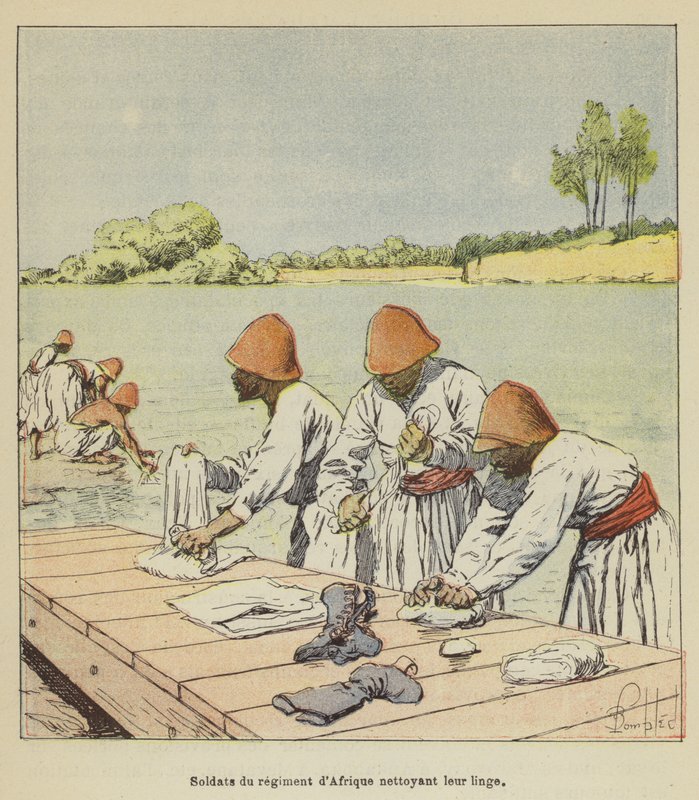 Soldados do regimento Africano limpando suas roupas de after Louis Charles Bombled