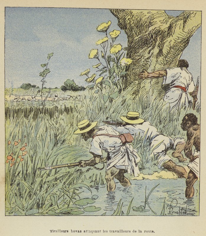Escaramuças Hovas atacando trabalhadores da estrada de after Louis Charles Bombled