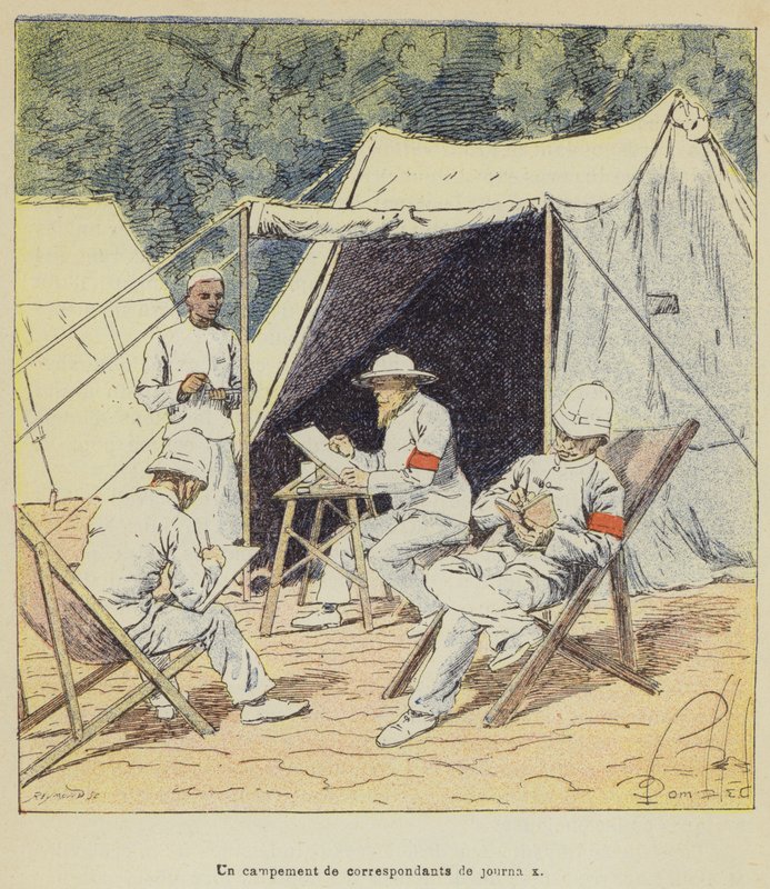 Um acampamento de correspondentes de jornal de after Louis Charles Bombled