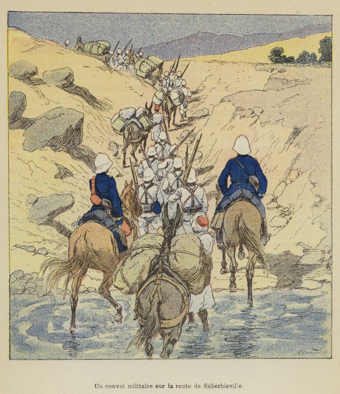 Um comboio militar na estrada para Suberbieville de after Louis Charles Bombled