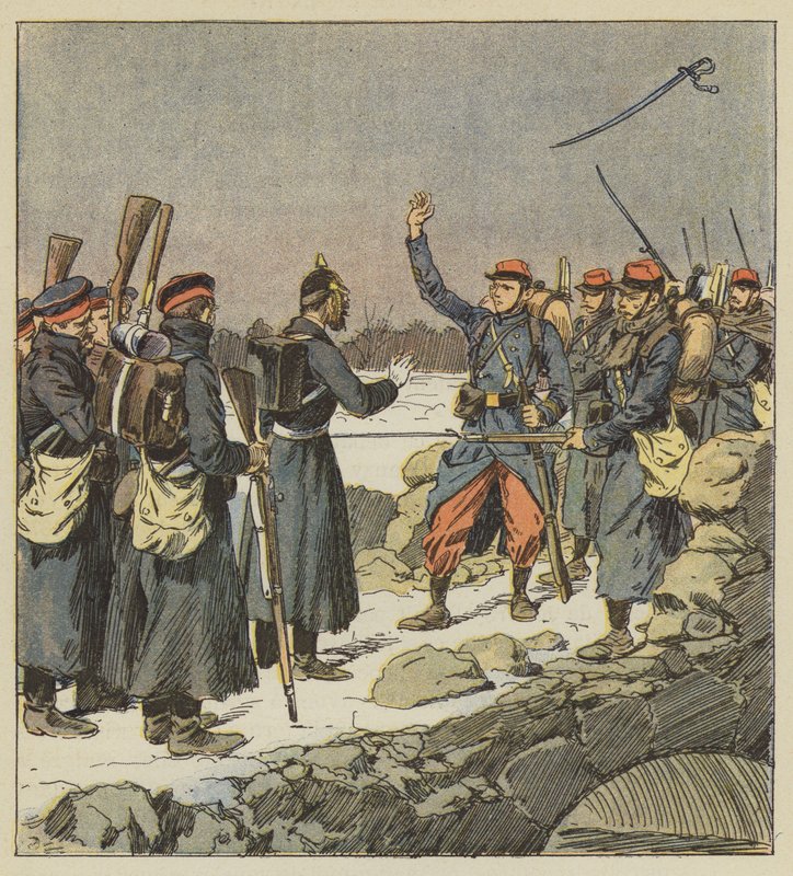 Um oficial alemão entrega sua espada a um cabo francês que a joga ao vento de after Louis Charles Bombled
