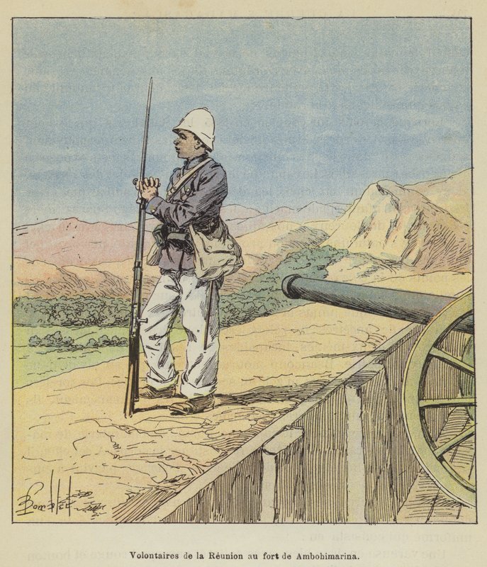 Voluntários da Reunião em Fort de Ambohimarina de after Louis Charles Bombled