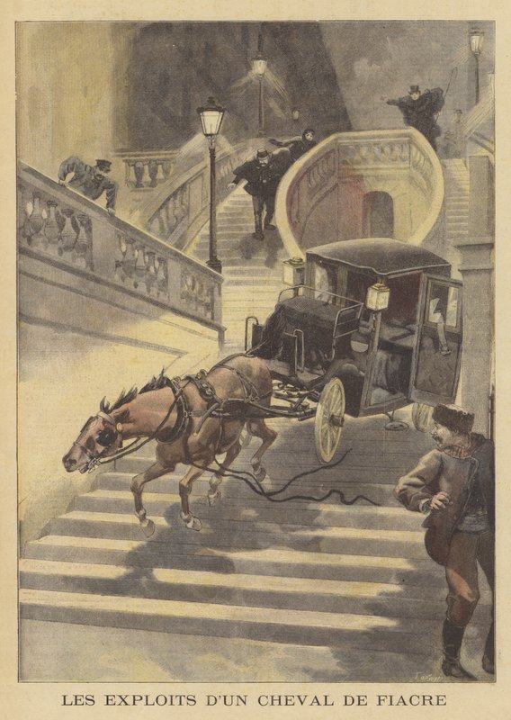 Um cavalo puxando um táxi por um lance de escadas em Paris de after Oswaldo Tofani