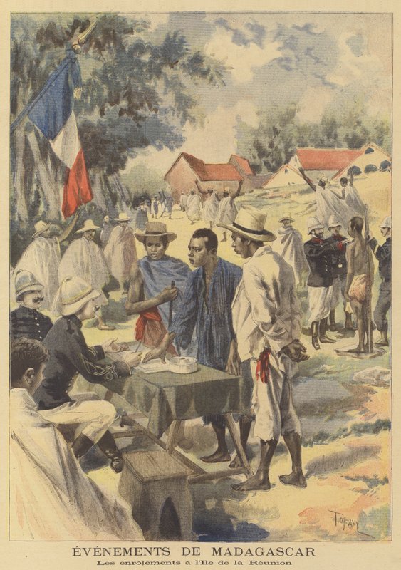 Conscritos na ilha da Reunião se matricularem para servir no exército francês em Madagascar de after Oswaldo Tofani