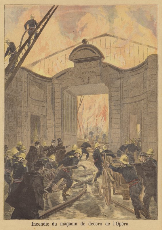 Fogo na loja de cenário da Ópera de Paris de after Oswaldo Tofani
