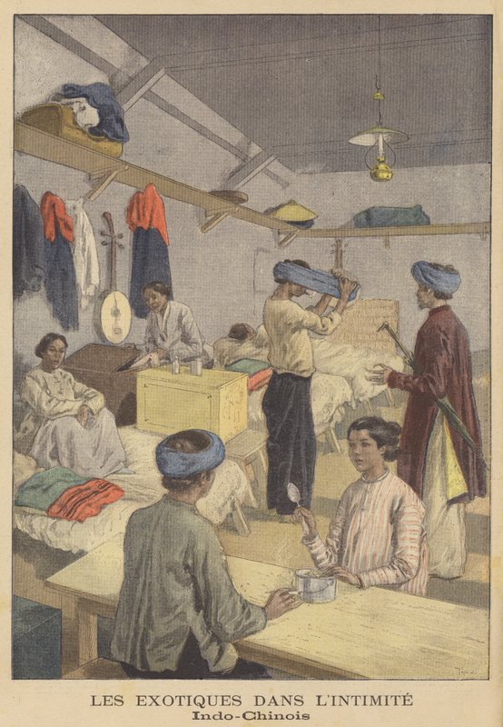 Pessoas da Indochina Francesa em seus alojamentos na Exposição Universal de 1900 em Paris de after Oswaldo Tofani
