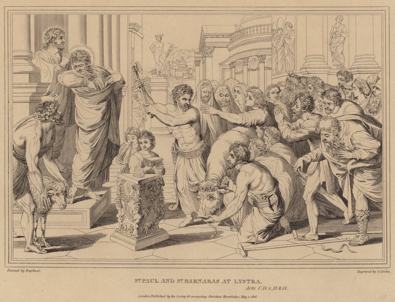 St Paul e St Barnabas em Lystra, Atos de after Raphael