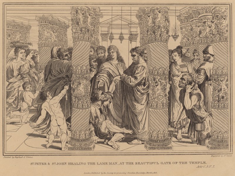 São Pedro e São João curando o homem coxo, no belo portão do templo, Atos de after Raphael