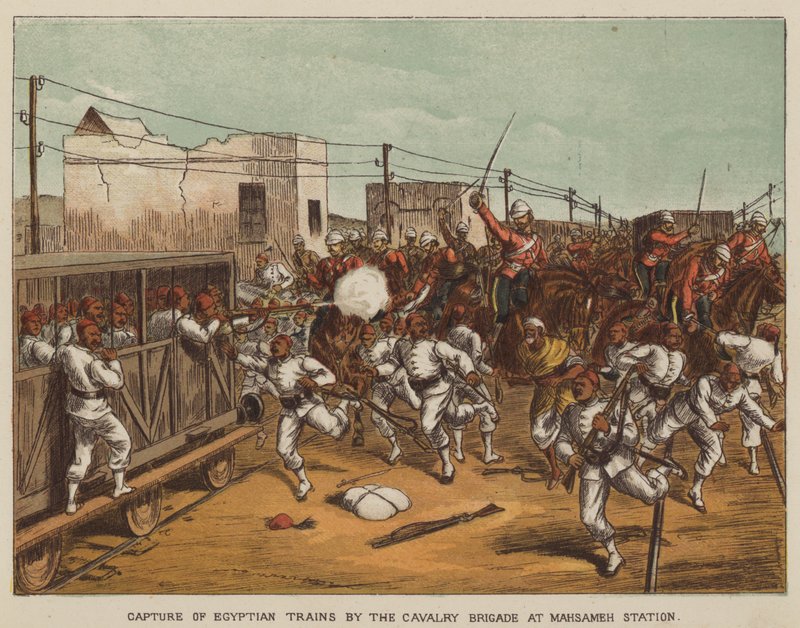 Captura de trens egípcios pela Brigada de Cavalaria na Estação Mahsameh de after Richard Simkin