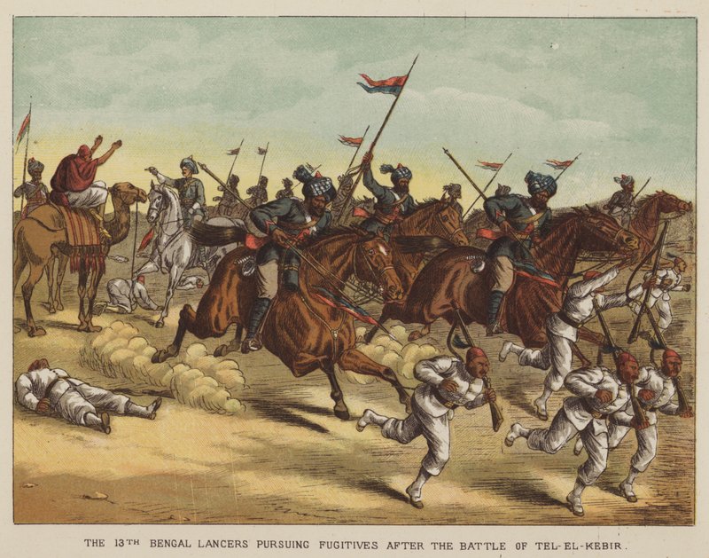 Os 13º Lancers de Bengala perseguindo fugitivos após a Batalha de Tel-El-Kebir de after Richard Simkin
