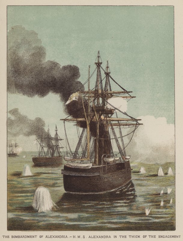 O bombardeio de Alexandria, HMS Alexandra no meio do noivado de after Richard Simkin