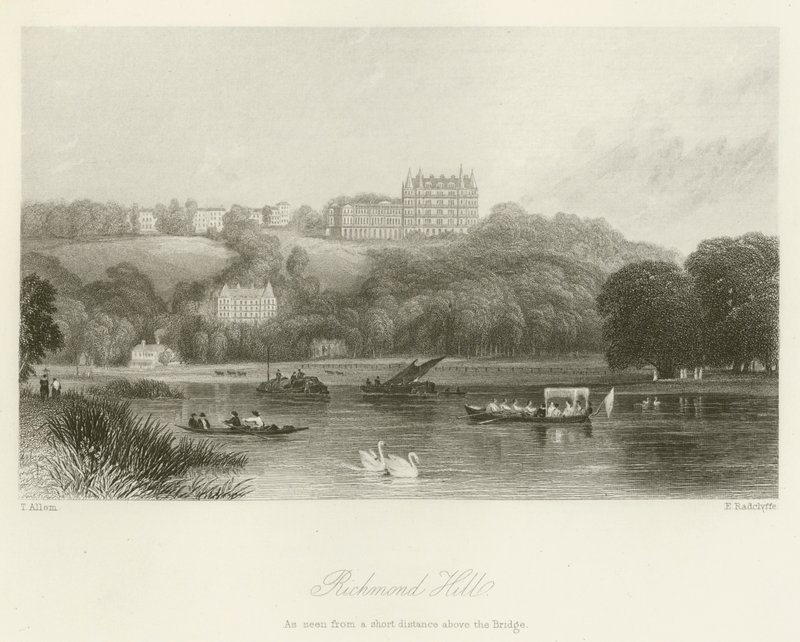 Richmond Hill, visto de uma curta distância acima da ponte de after Thomas Allom