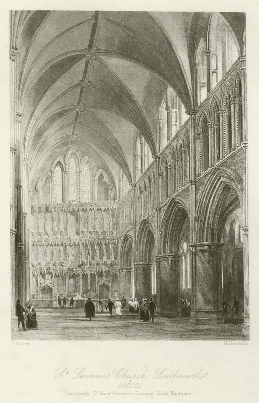 St Saviours Church, Southwark, 1850, antigamente St Mary Overyes, olhando para o sudeste de after Thomas Allom