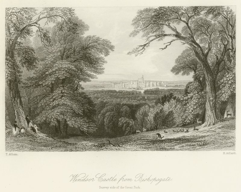 Castelo de Windsor de Bishopsgate, lado Surrey do Grande Parque de after Thomas Allom