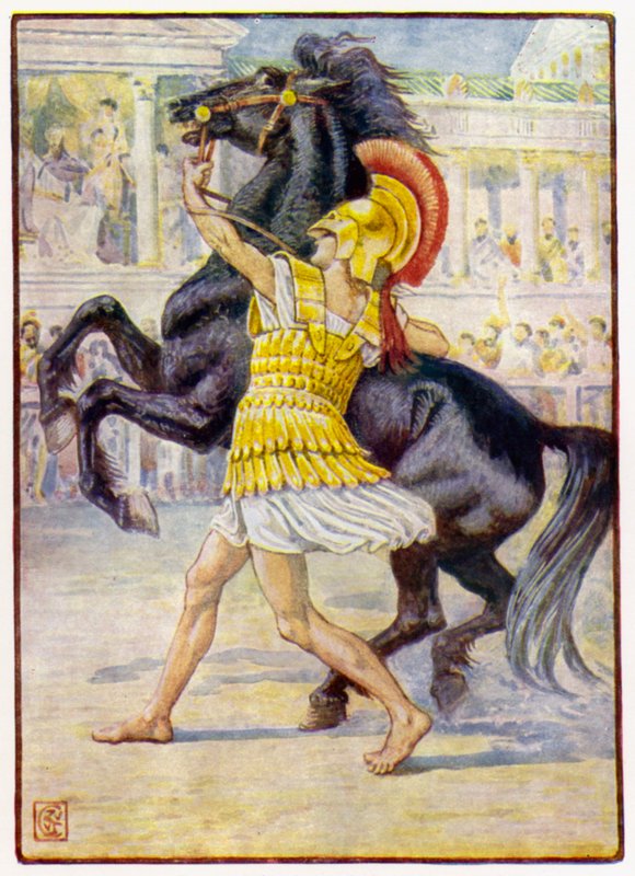 Ele correu em direção ao cavalo e agarrou o freio de after Walter Crane