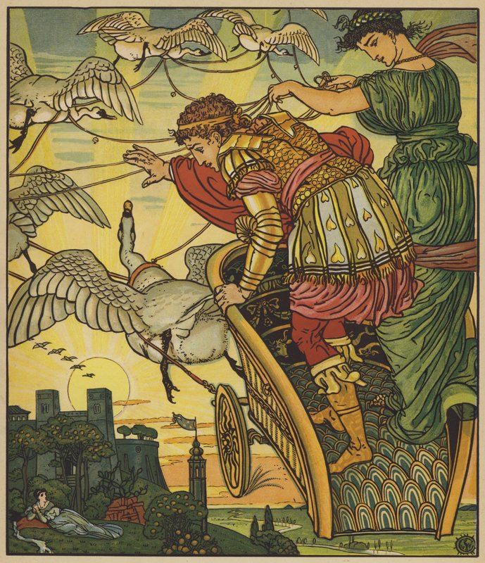 A fada do deserto carrega o rei das minas de ouro de after Walter Crane