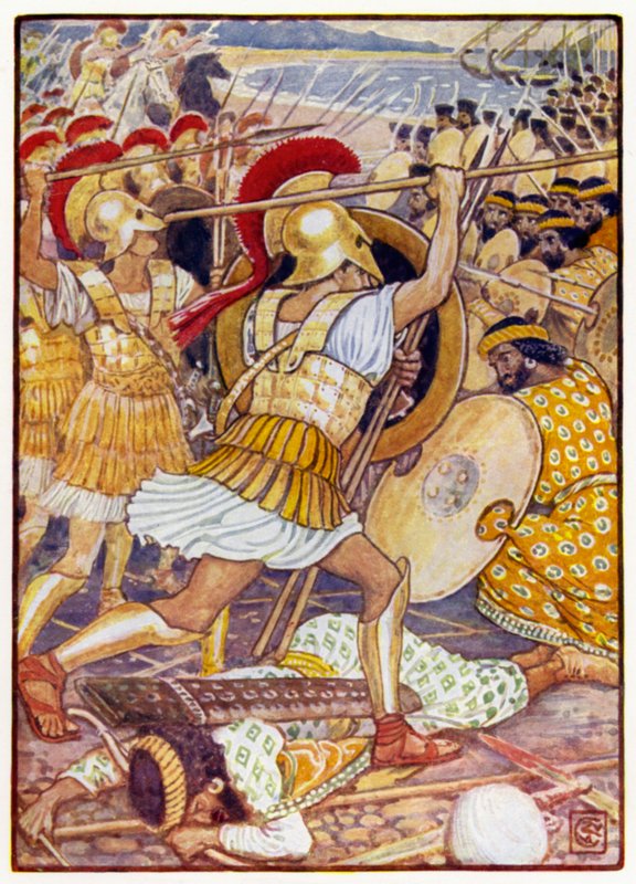 Eles caíram no exército persa com uma força tremenda de after Walter Crane