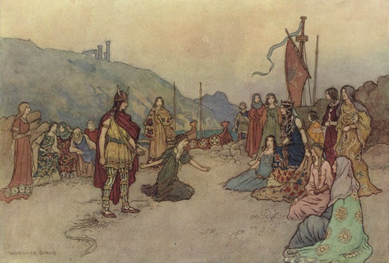 Geoffrey Chaucer, a esposa do conto de banhos de after Warwick Goble