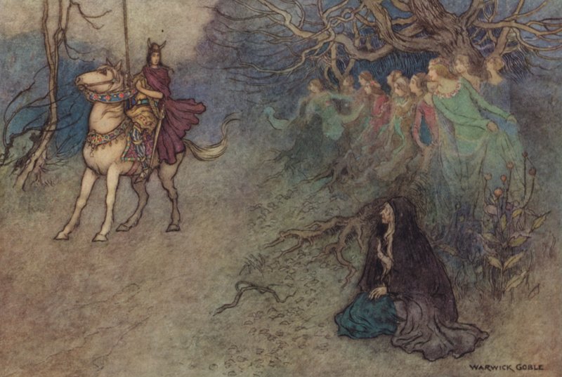 Geoffrey Chaucer, a esposa do conto de banhos de after Warwick Goble