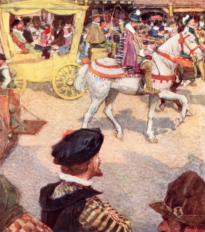 Shakespeare admirando os belos cavalos em Cheapside, Londres de after William Hatherell