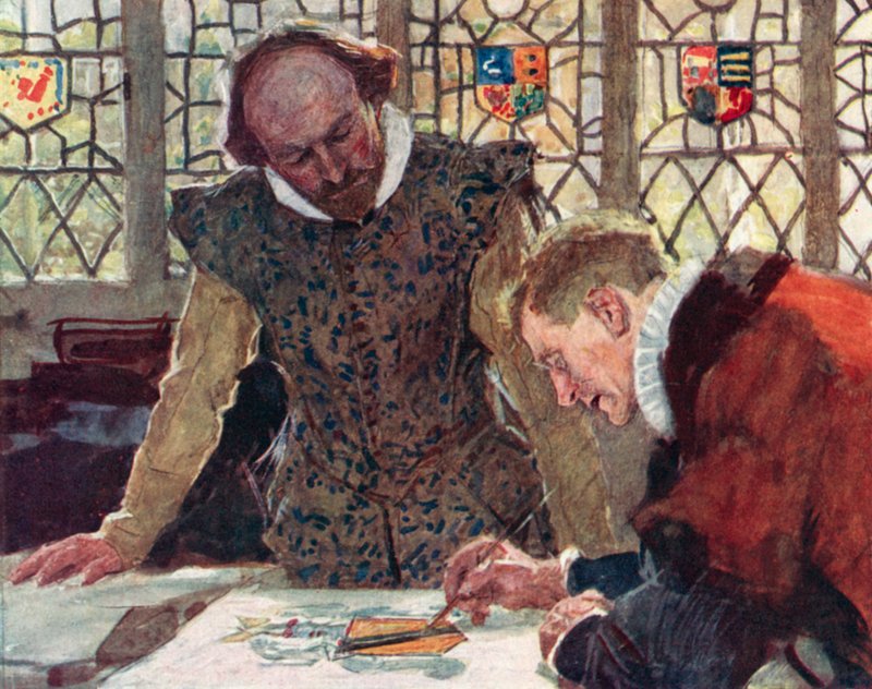 Shakespeare na Faculdade de Arautos em Pauls Wharf Hill para discutir o brasão de seu pai de after William Hatherell