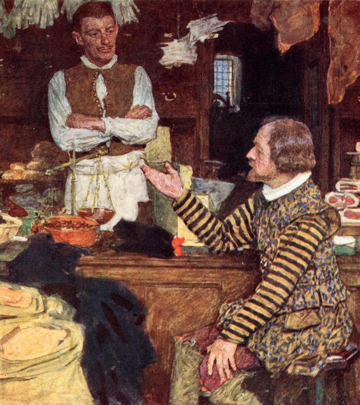 Shakespeare liga para uma loja de conveniência em Bucklersbury para uma conversa com John Sadler, um aprendiz de Stratford de after William Hatherell