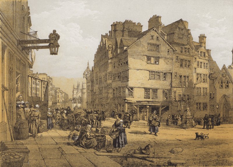 Rua principal da cabeça do arco ocidental, Lawnmarket (chromolitho) de after William Leighton Leitch