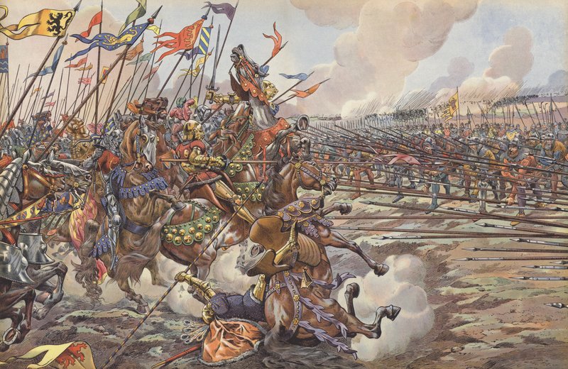 Os cavaleiros borgonheses de Charles the Bold, derrotados por lanceiros suíços na Batalha de Neto, em 1476 de Onfray de Breville Job