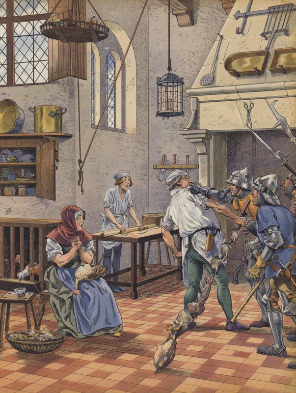 Um cozinheiro confiscado na sua cozinha por homens de armas por suspeita de ter tentado envenenar o Rei (cor litho) de pseudonym for Onfray de Breville Jacques Job