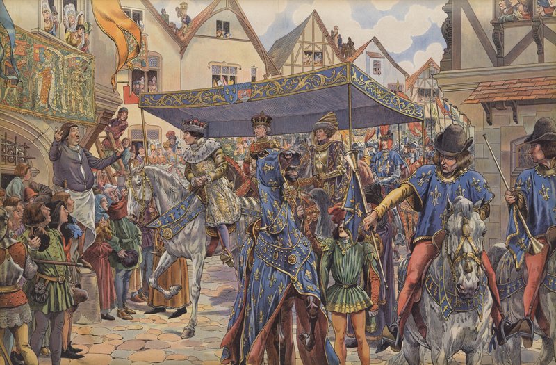 Multidões nas ruas de Paris saúdam Luís XI quando ele chega de Borgonha para reclamar seu reino após a morte de seu pai, Carlos VII (cor litho) de pseudonym for Onfray de Breville Jacques Job