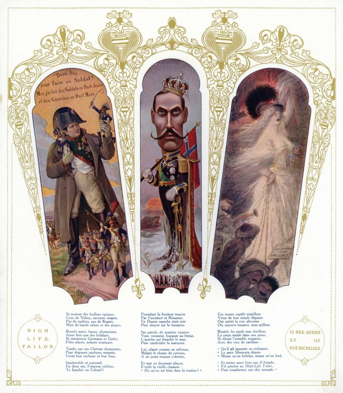 Formação militar francesa, caricatura do rei Haakon VII da Noruega e imigrantes marroquinos em França (cor litho) de pseudonym for Onfray de Breville Jacques Job