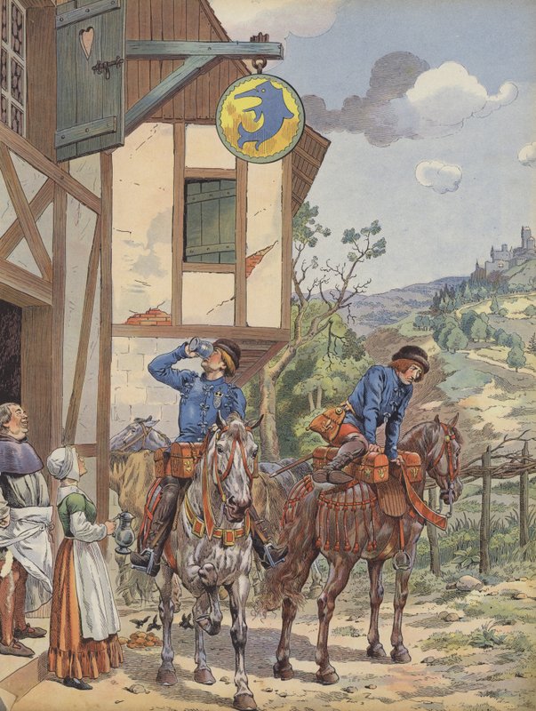 Mensageiros tomando refeshment em uma estalagem de beira de estrada (cor litho) de pseudonym for Onfray de Breville Jacques Job