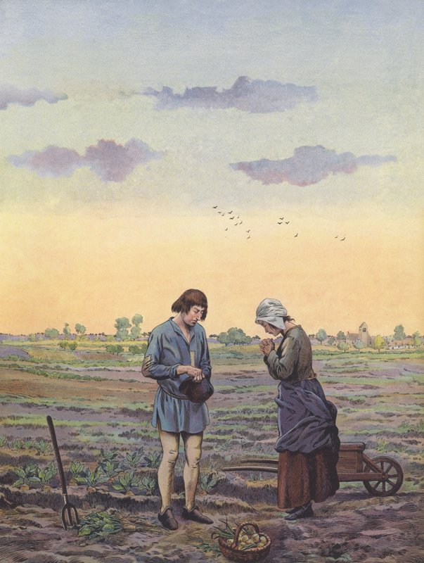 Camponeses pausando do seu trabalho nos campos para orações, conforme ordem do Rei (cor litho) de pseudonym for Onfray de Breville Jacques Job