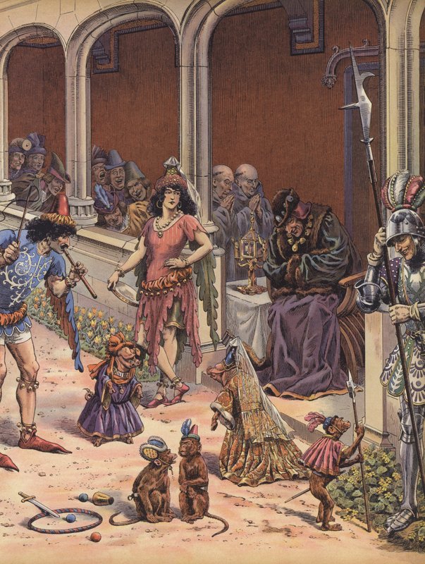 Artistas que entretêm o velho Rei Luís XI de França (cor litho) de pseudonym for Onfray de Breville Jacques Job