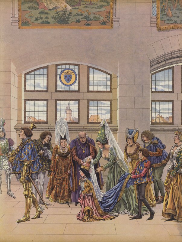 Margarida da Áustria, de três anos, que chega para ser apresentada ao Dauphin Charles, filho do rei Luís XI de França, como sua futura noiva (cor litho). de pseudonym for Onfray de Breville Jacques Job