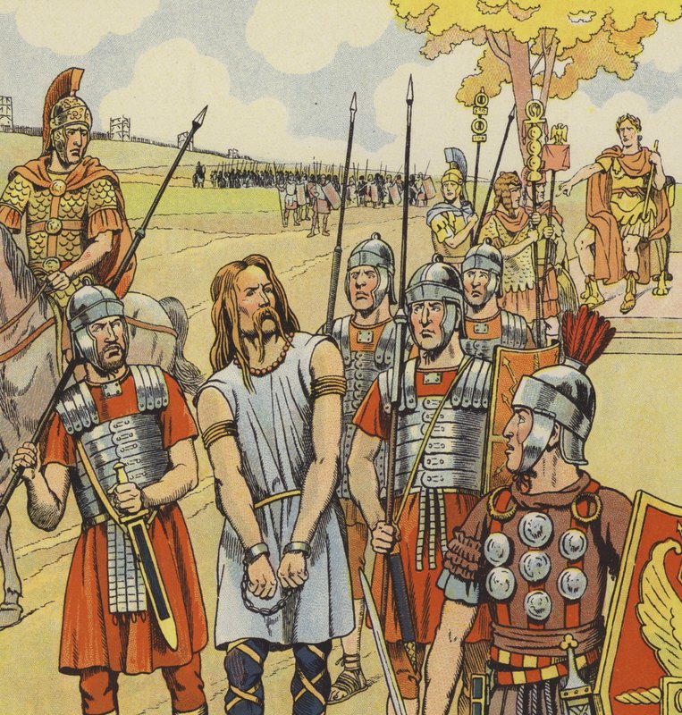 Vercingetorix rende-se a Júlio César, 52 AC (cor litho) de pseudonym for Onfray de Breville Jacques Job